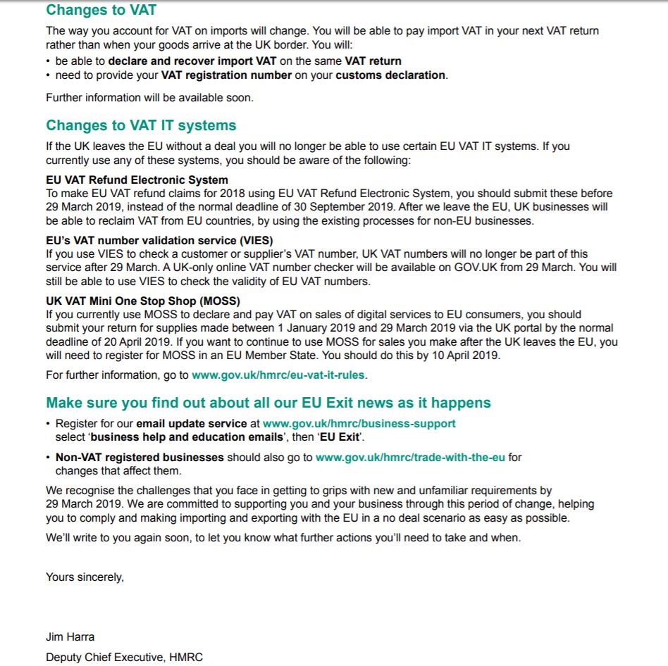 No deal Brexit letter sent to businesses by HMRC